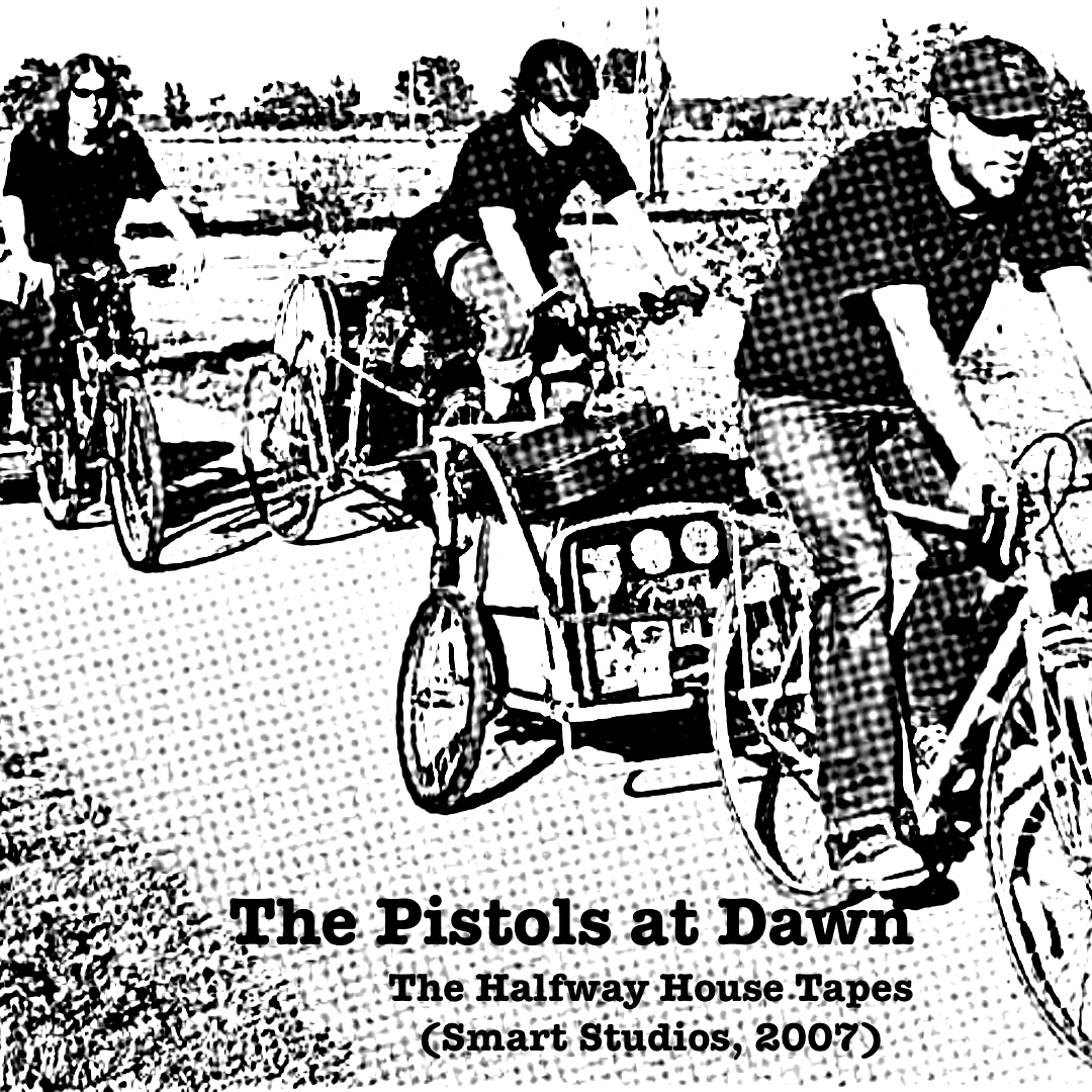 Album cover for The Halfway House Tapes by The Pistols at Dawn showing the band riding bicycles in a black and white design