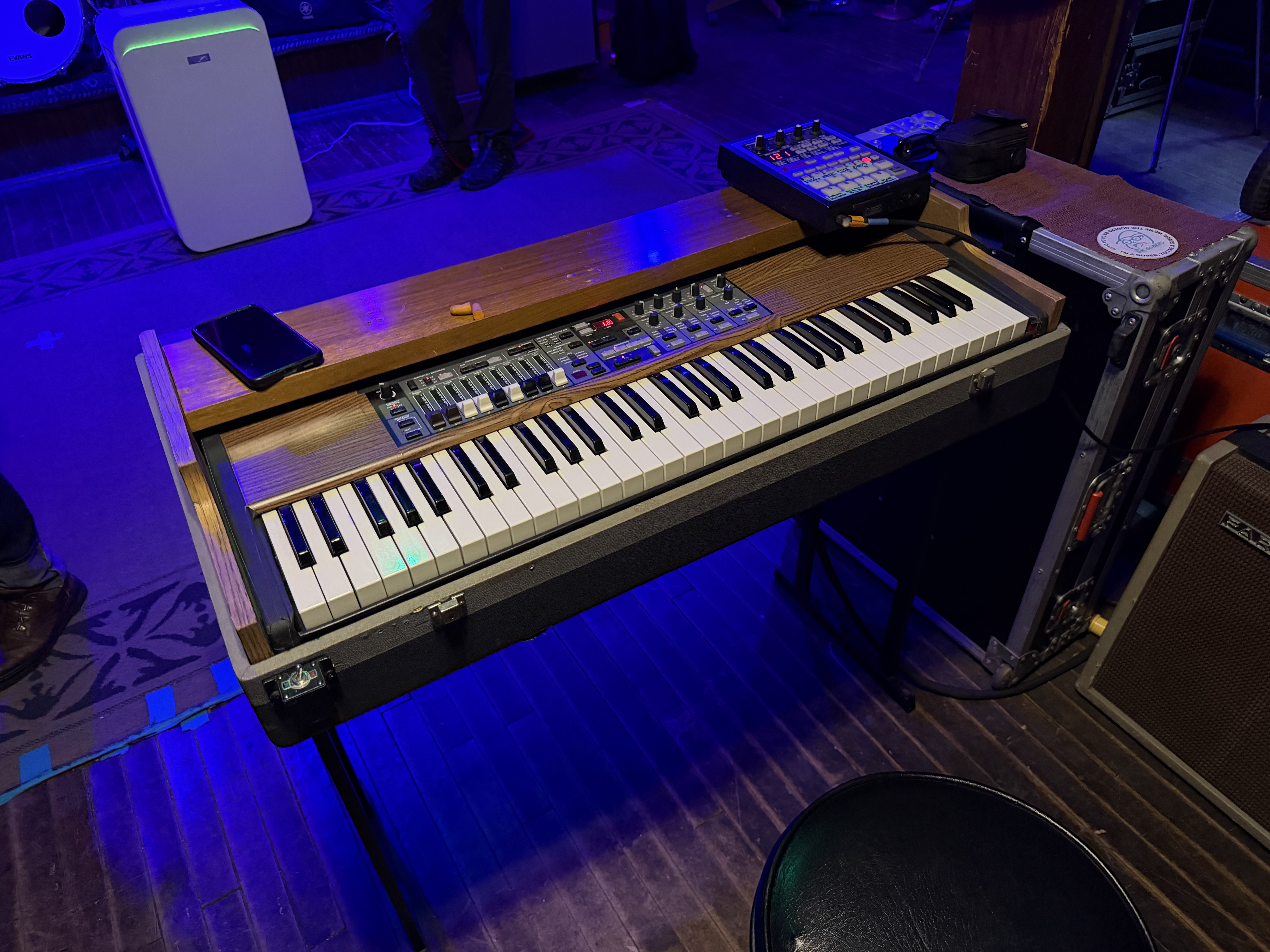 A Nord keyboard mounted inside a custom Farfisa-style organ body with a wood top