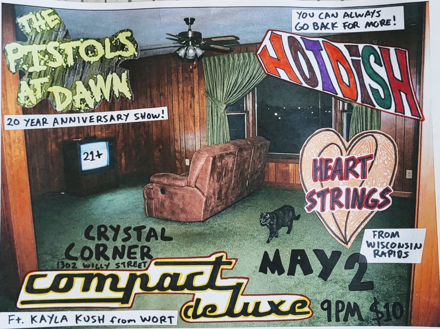 Flyer for The Pistols at Dawn 20 Year Anniversary Show at the Crystal Corner on May 2 with Compact Deluxe and Heart Strings